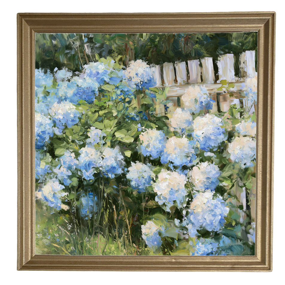 Lush blue and soft white hydrangeas arranged in a painterly farmhouse style — product view 8