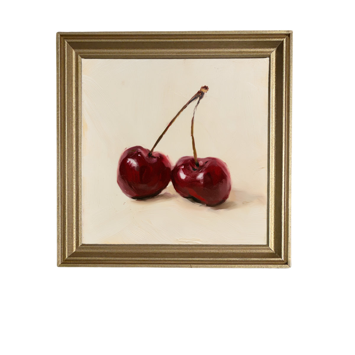 still life of two deep red cherries resting together, farmhouse style — product view 6