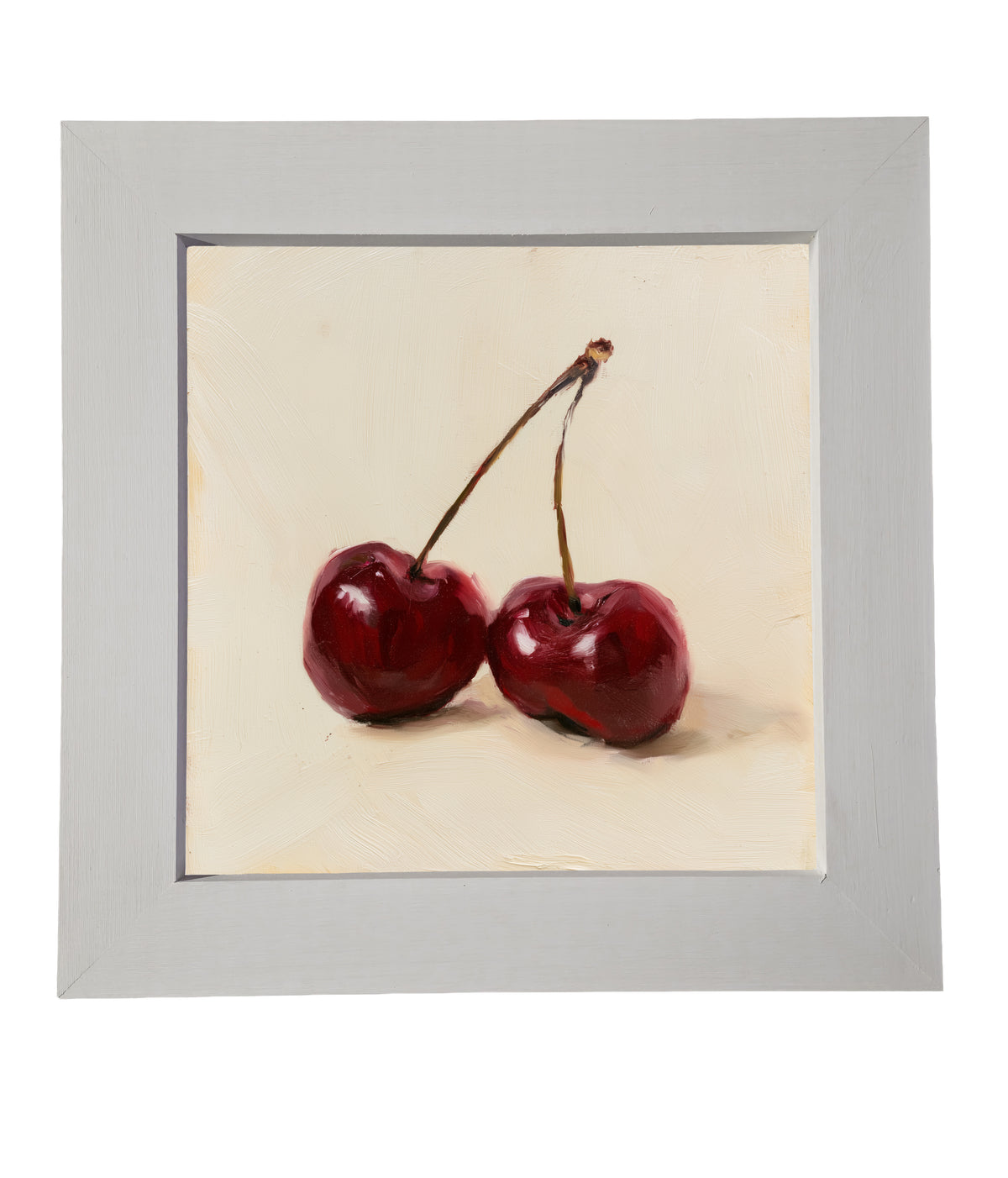 still life of two deep red cherries resting together, farmhouse style — product view 7