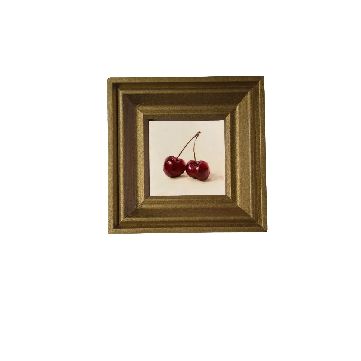 still life of two deep red cherries resting together, farmhouse style — product view 2