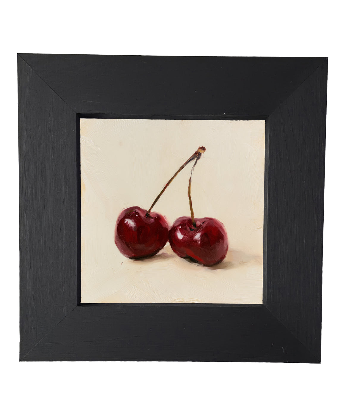 still life of two deep red cherries resting together, farmhouse style — product view 5