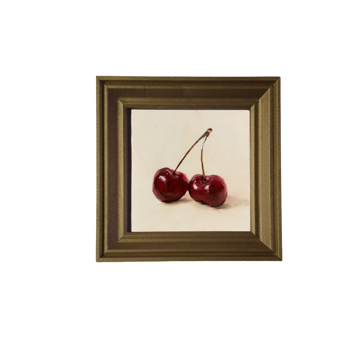 still life of two deep red cherries resting together, farmhouse style — product view 3