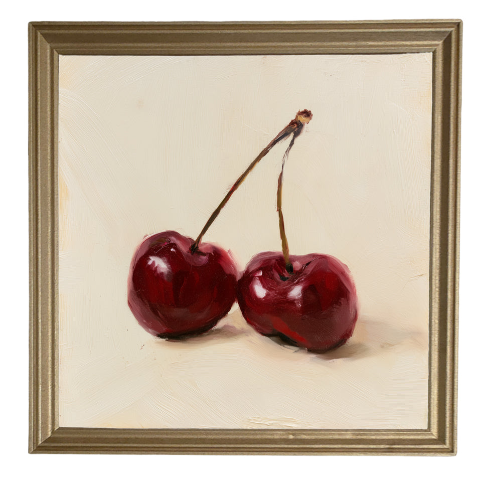 still life of two deep red cherries resting together, farmhouse style — product view 8