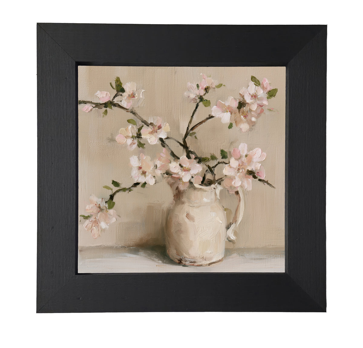 framed wall art featuring a loosely arranged apple blossom branch with white flowers and green leaves — product view 7