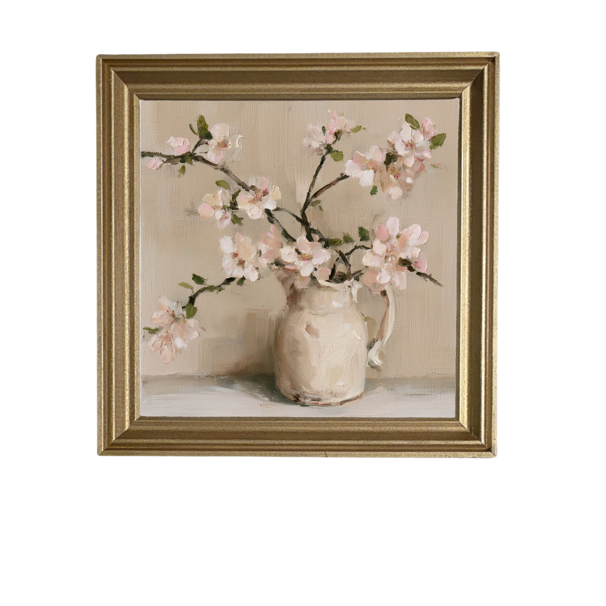 framed wall art featuring a loosely arranged apple blossom branch with white flowers and green leaves