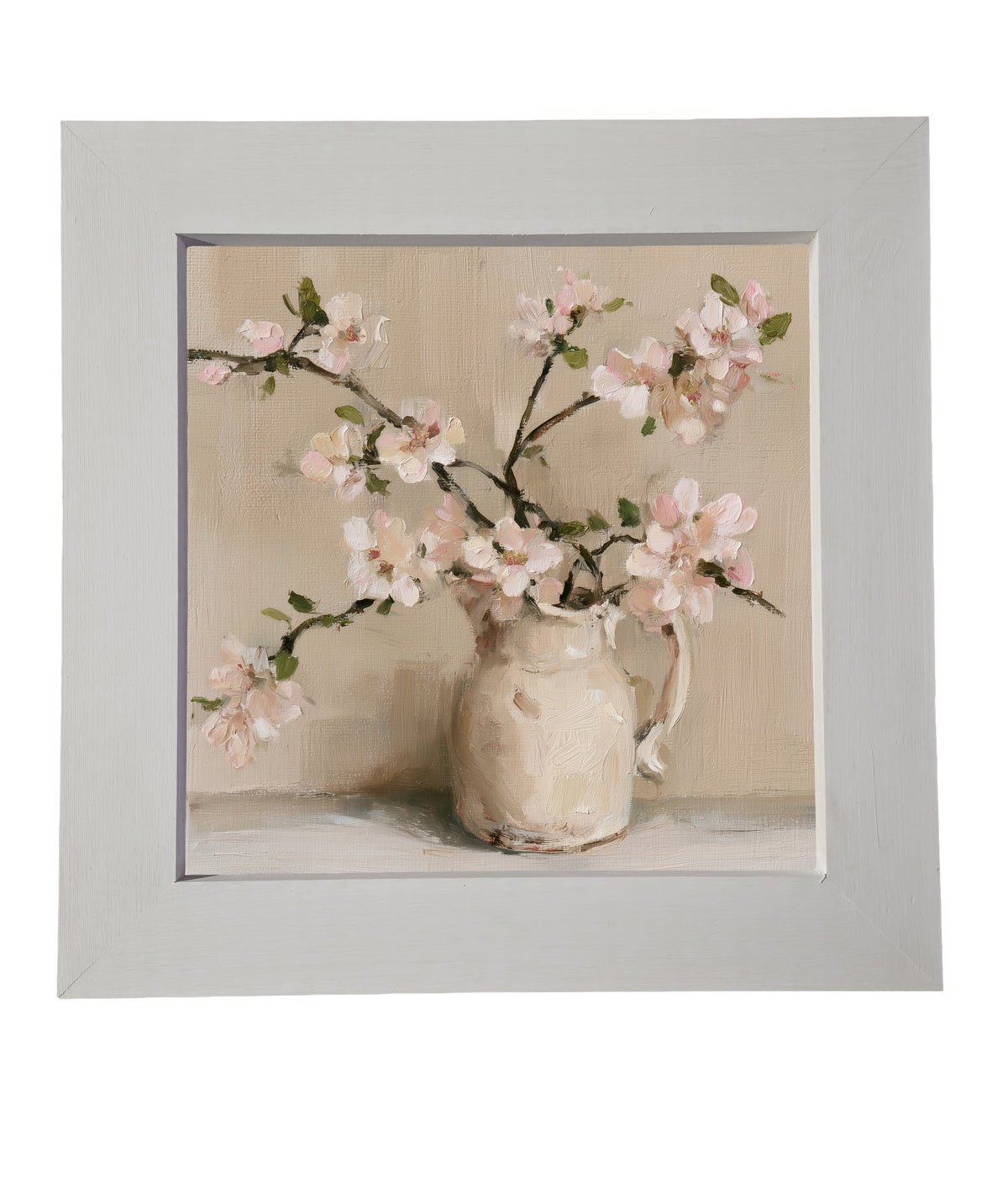 framed wall art featuring a loosely arranged apple blossom branch with white flowers and green leaves — product view 6
