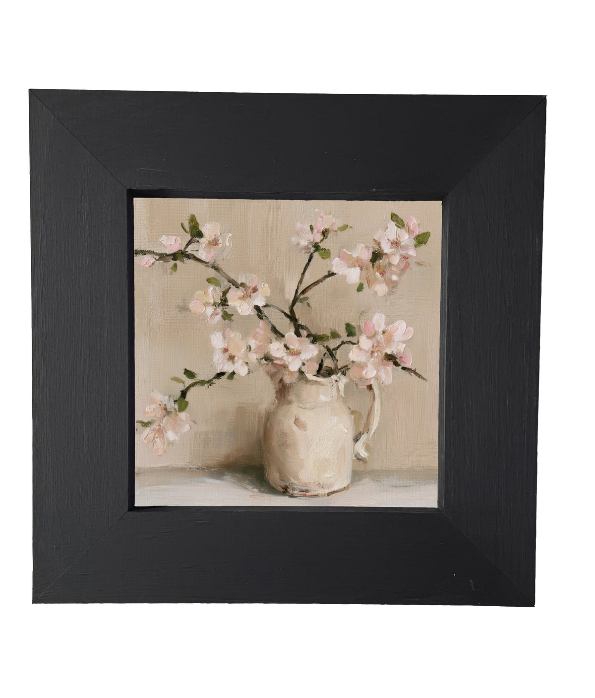 framed wall art featuring a loosely arranged apple blossom branch with white flowers and green leaves — product view 5
