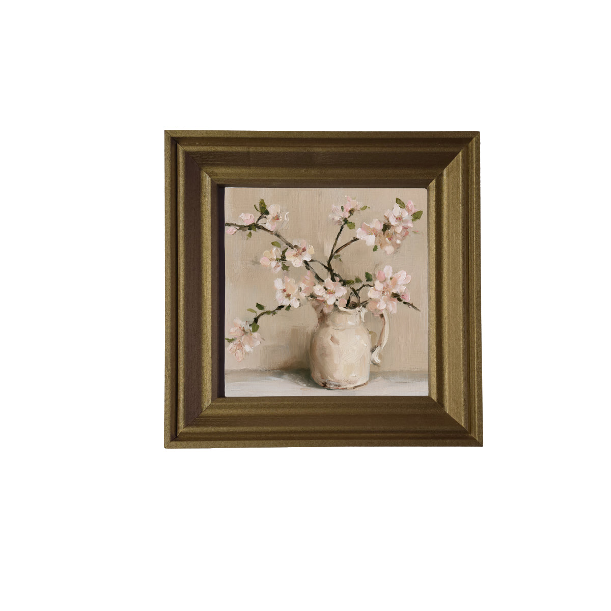 framed wall art featuring a loosely arranged apple blossom branch with white flowers and green leaves — product view 3
