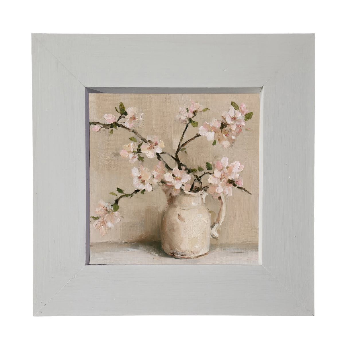framed wall art featuring a loosely arranged apple blossom branch with white flowers and green leaves — product view 4