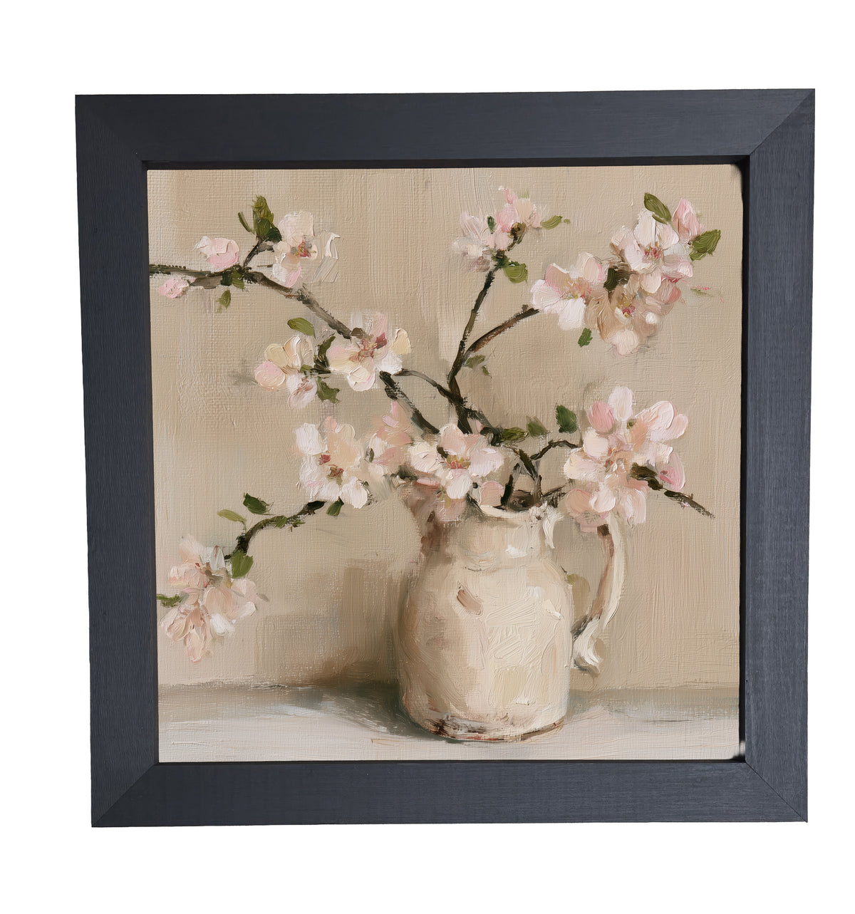 framed wall art featuring a loosely arranged apple blossom branch with white flowers and green leaves — product view 10