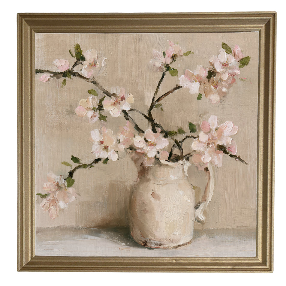 framed wall art featuring a loosely arranged apple blossom branch with white flowers and green leaves — product view 8