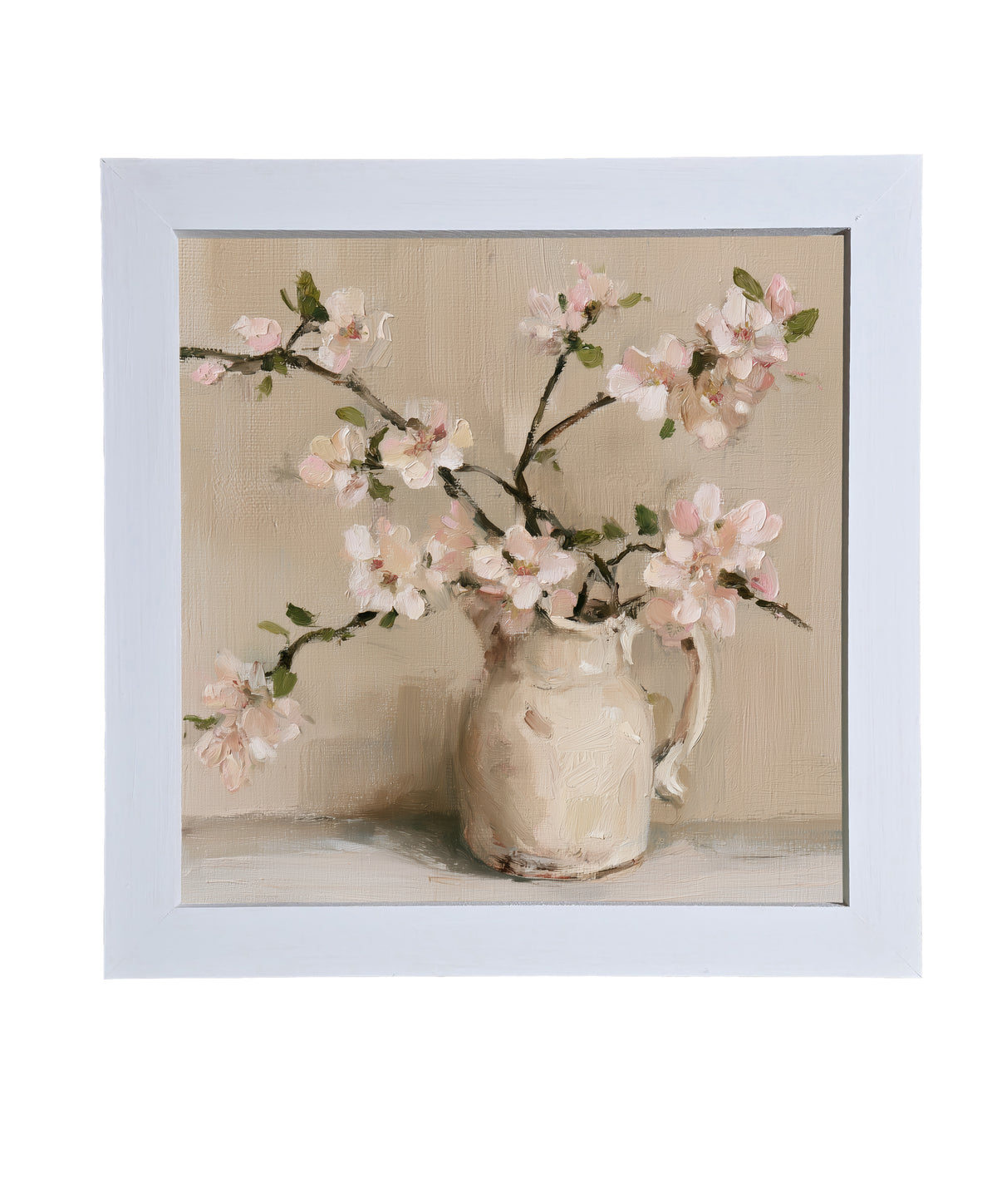 framed wall art featuring a loosely arranged apple blossom branch with white flowers and green leaves — product view 9