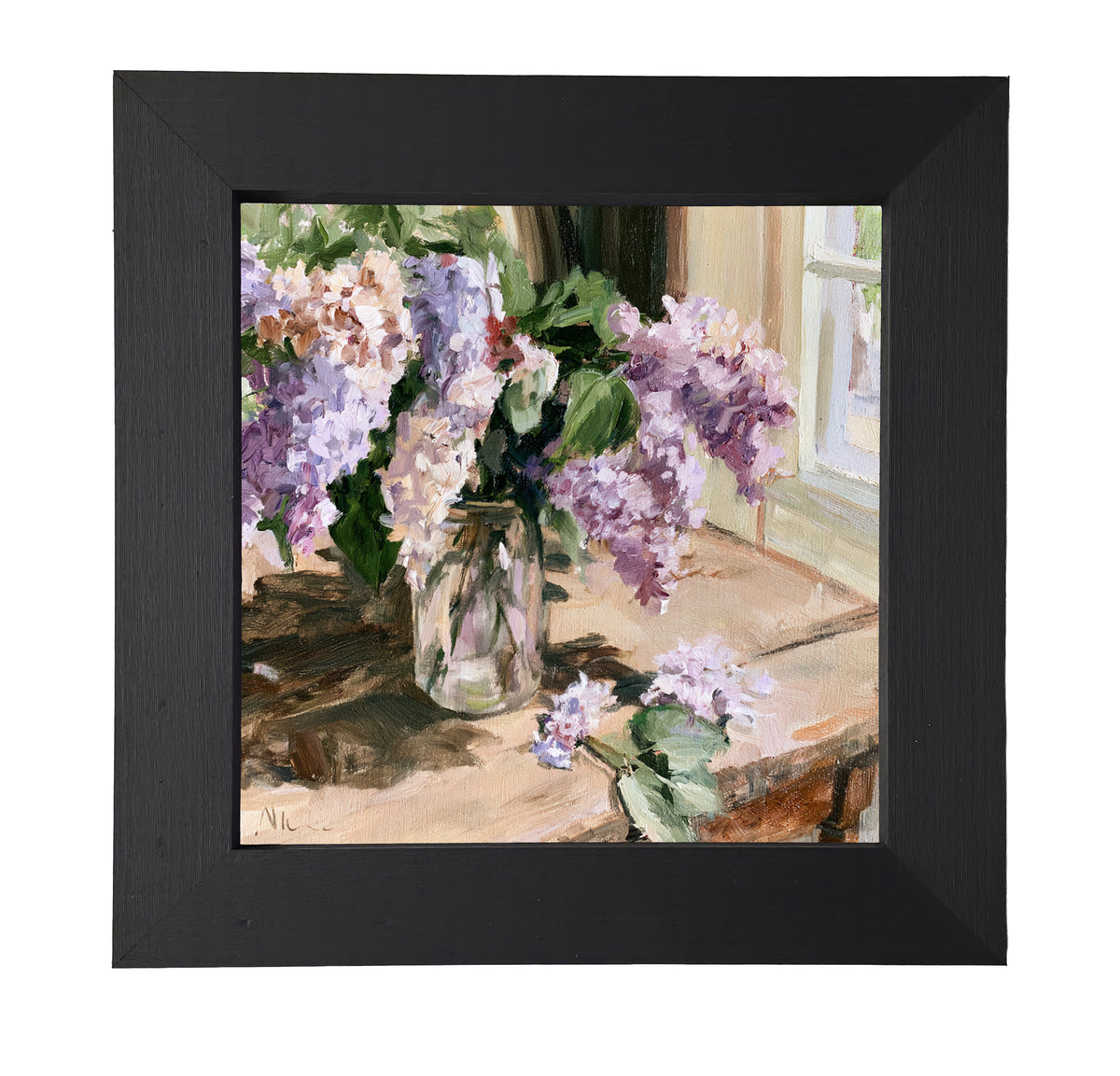 Impressionist painting of lilac flowers in a glass jar on a sunlit wooden table — product view 7