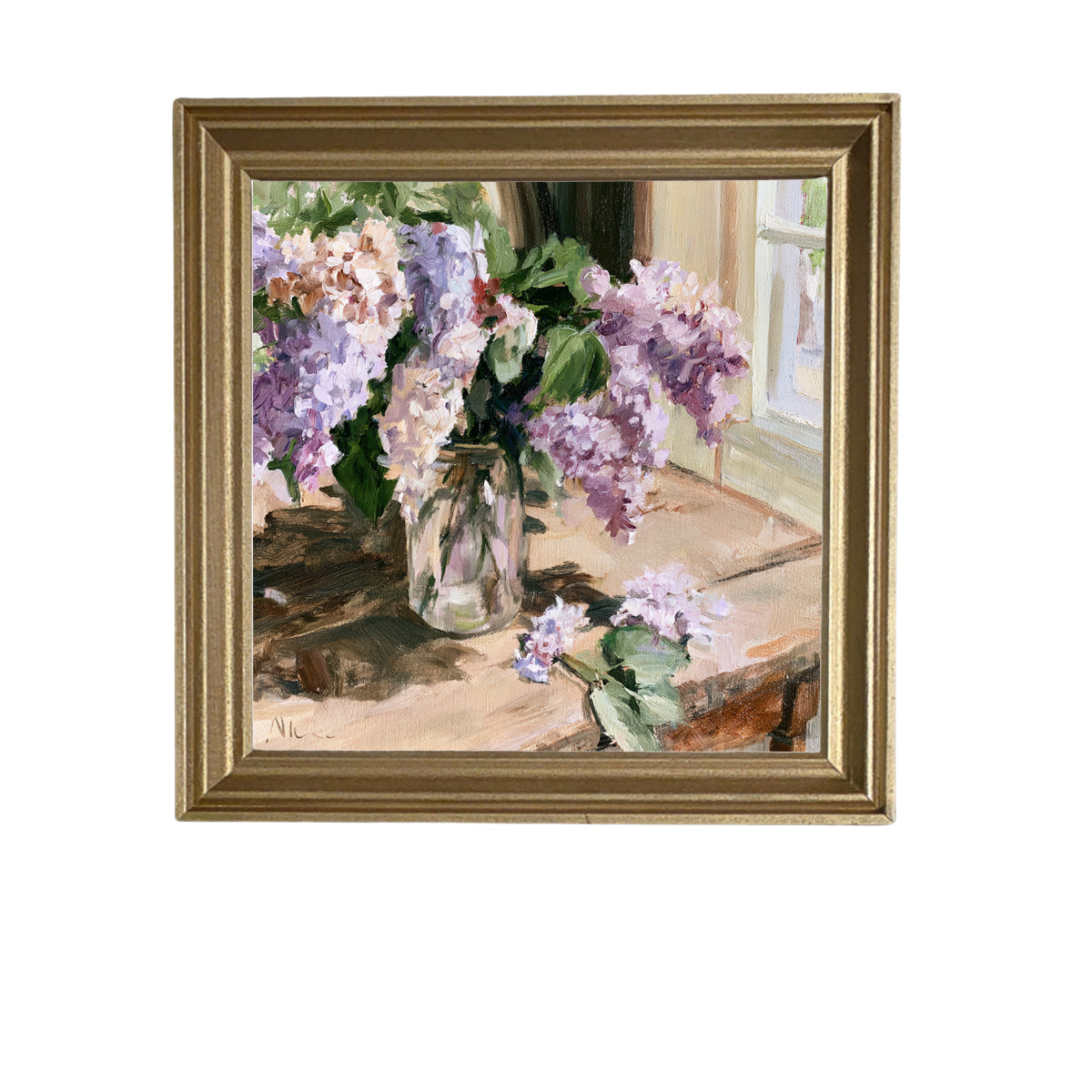 Impressionist painting of lilac flowers in a glass jar on a sunlit wooden table — product view 6