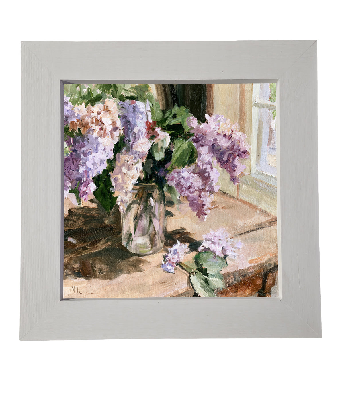 Impressionist painting of lilac flowers in a glass jar on a sunlit wooden table