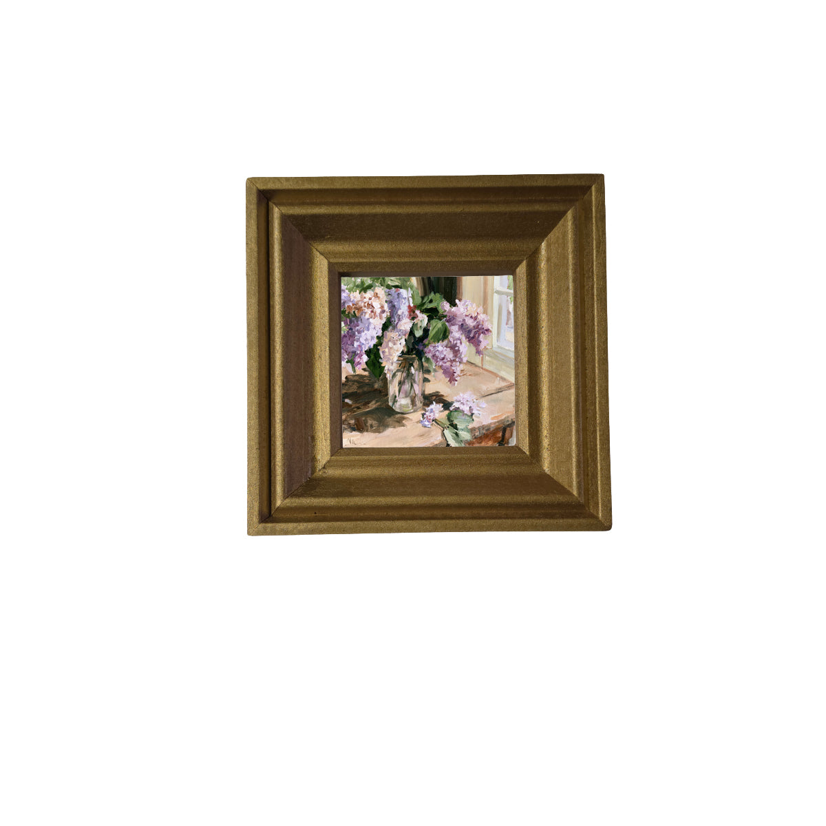 Impressionist painting of lilac flowers in a glass jar on a sunlit wooden table — product view 2