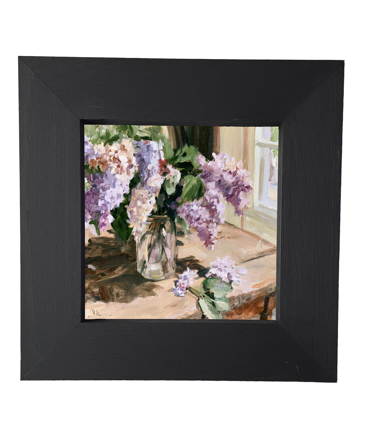 Impressionist painting of lilac flowers in a glass jar on a sunlit wooden table — product view 5