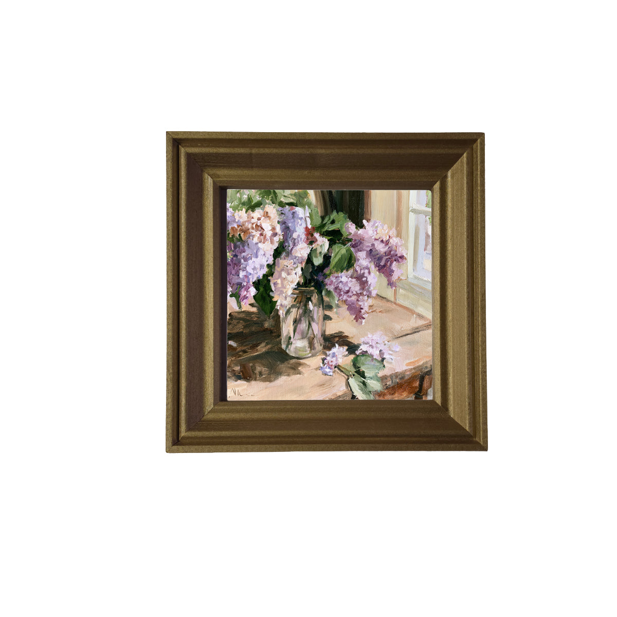 Impressionist painting of lilac flowers in a glass jar on a sunlit wooden table — product view 3