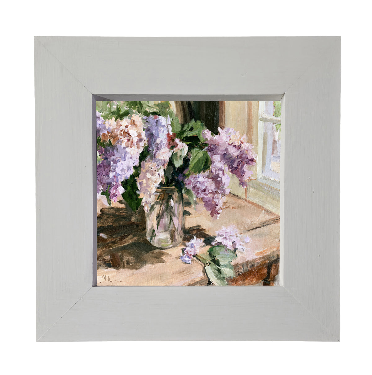 Impressionist painting of lilac flowers in a glass jar on a sunlit wooden table — product view 4