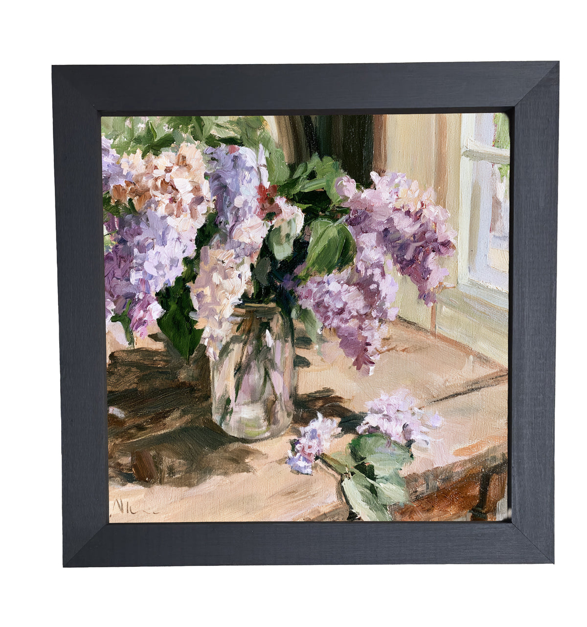 Impressionist painting of lilac flowers in a glass jar on a sunlit wooden table — product view 10