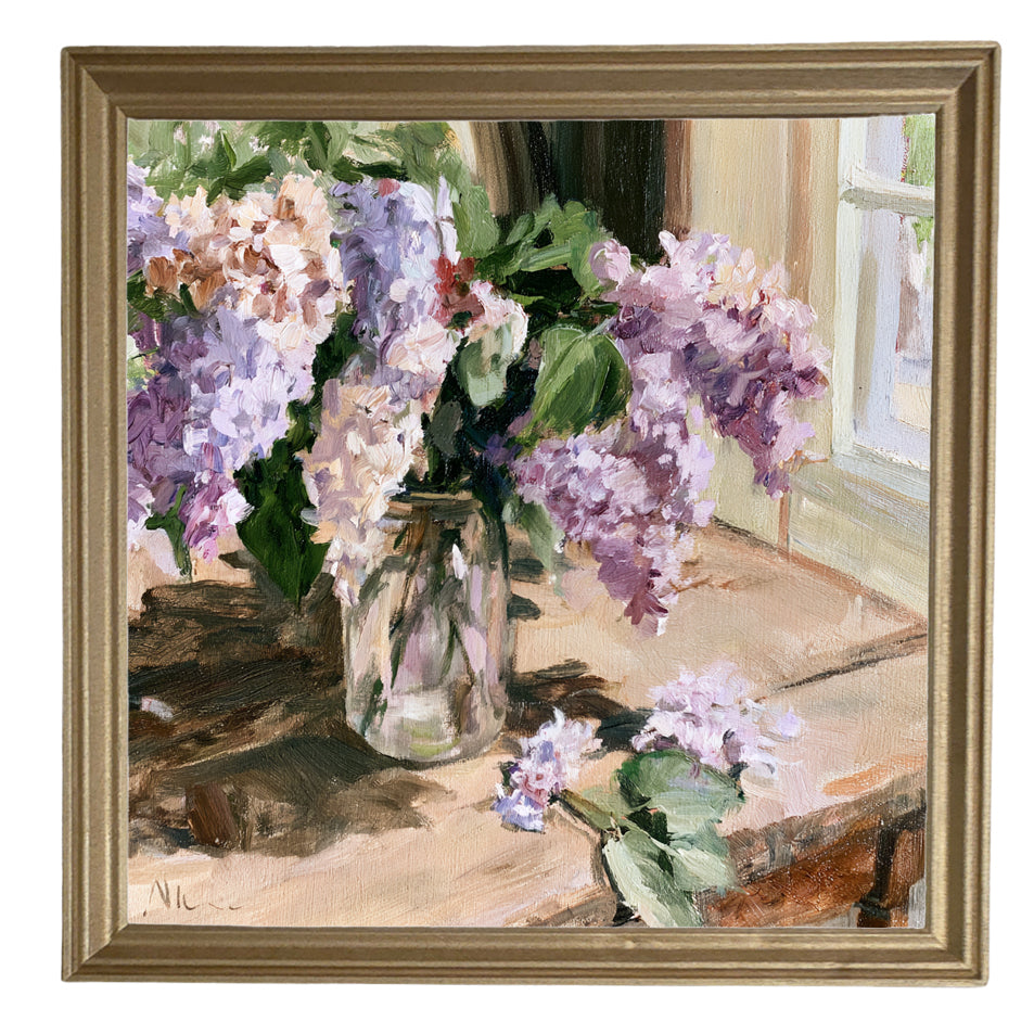 Impressionist painting of lilac flowers in a glass jar on a sunlit wooden table — product view 8