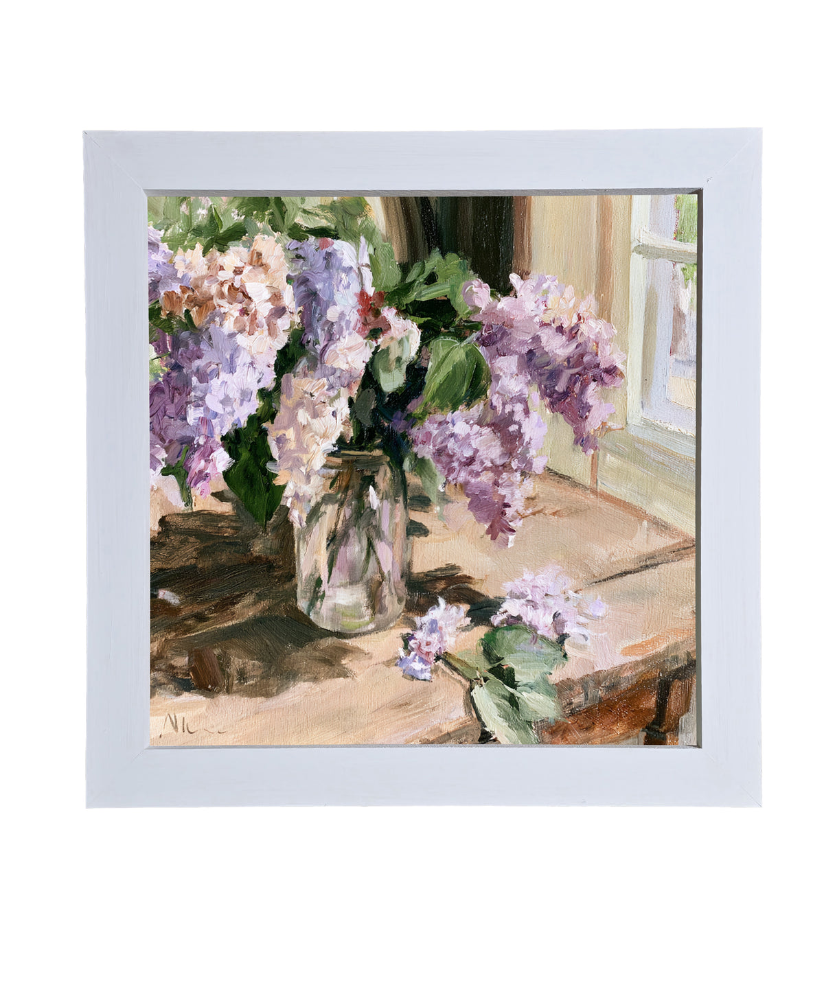 Impressionist painting of lilac flowers in a glass jar on a sunlit wooden table — product view 9