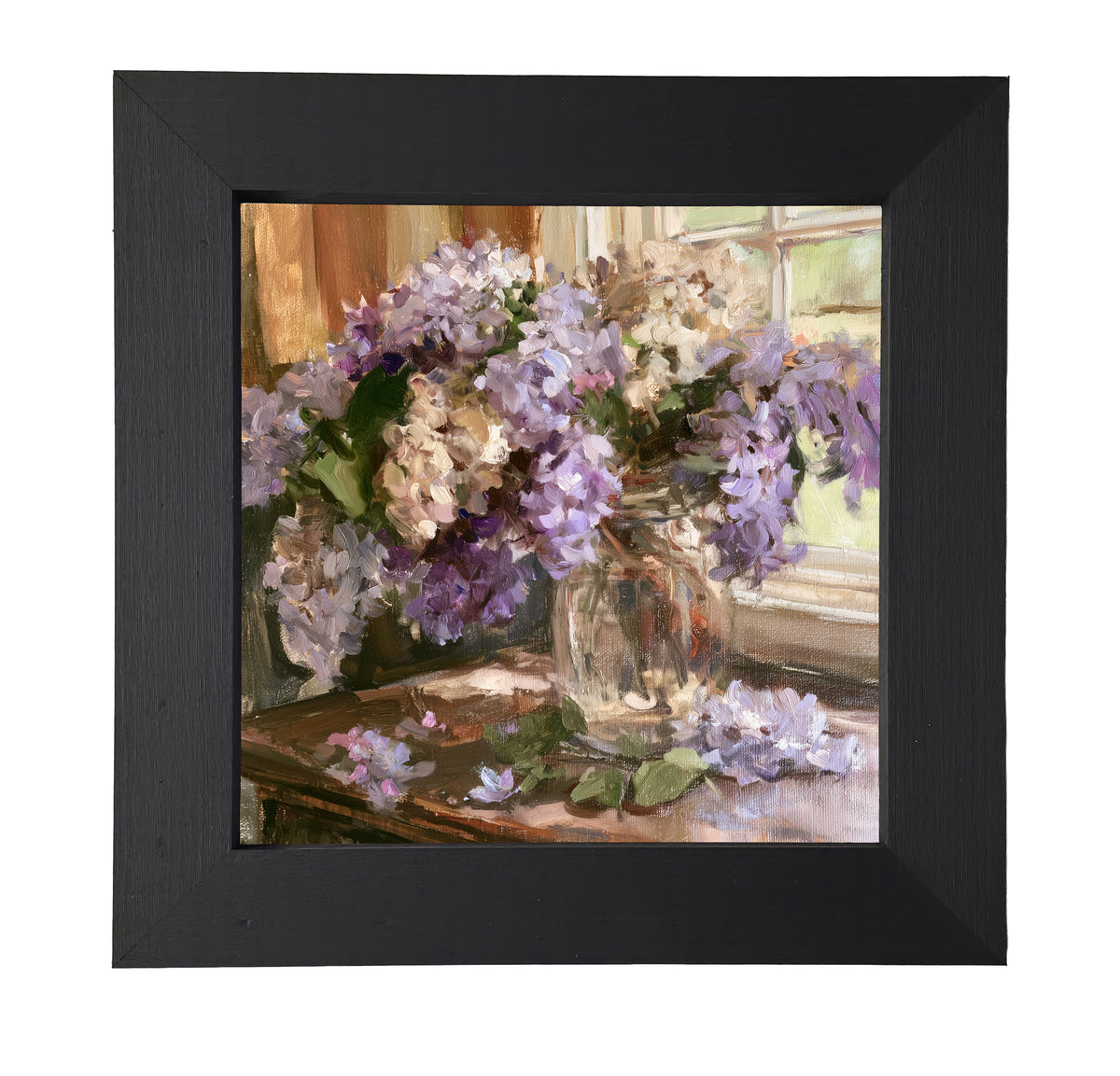 Framed wall art featuring a bouquet of lilacs in soft lavender and dusty purple tones