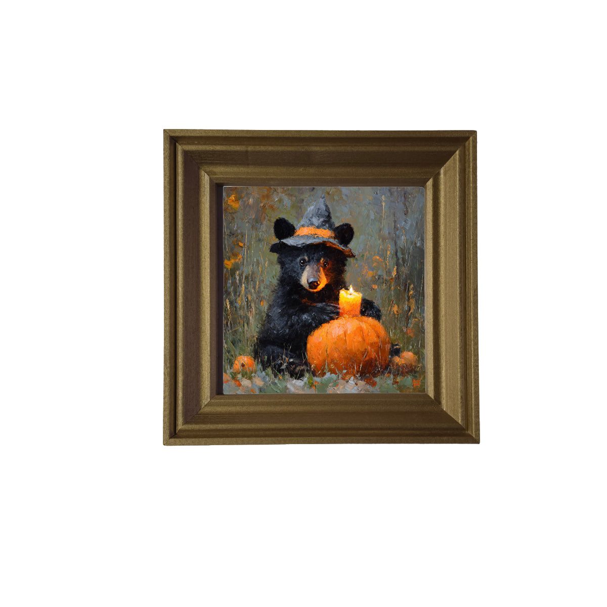 Painterly bear cub in witch hat holding a candle beside a pumpkin in autumn woodland scene — product view 2