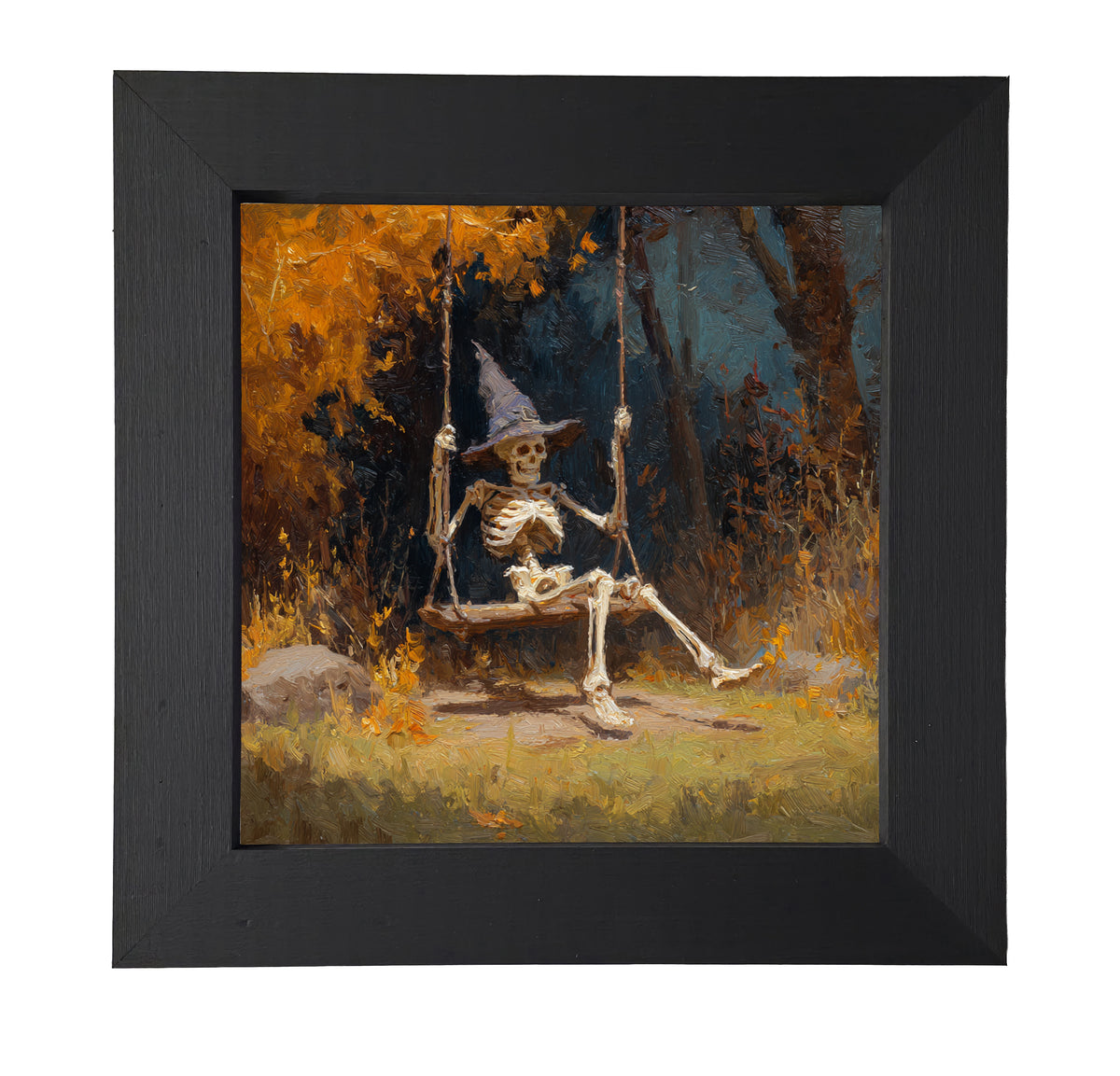 Painterly autumn scene of a skeleton wearing a witch hat on a swing beneath golden trees — product view 7