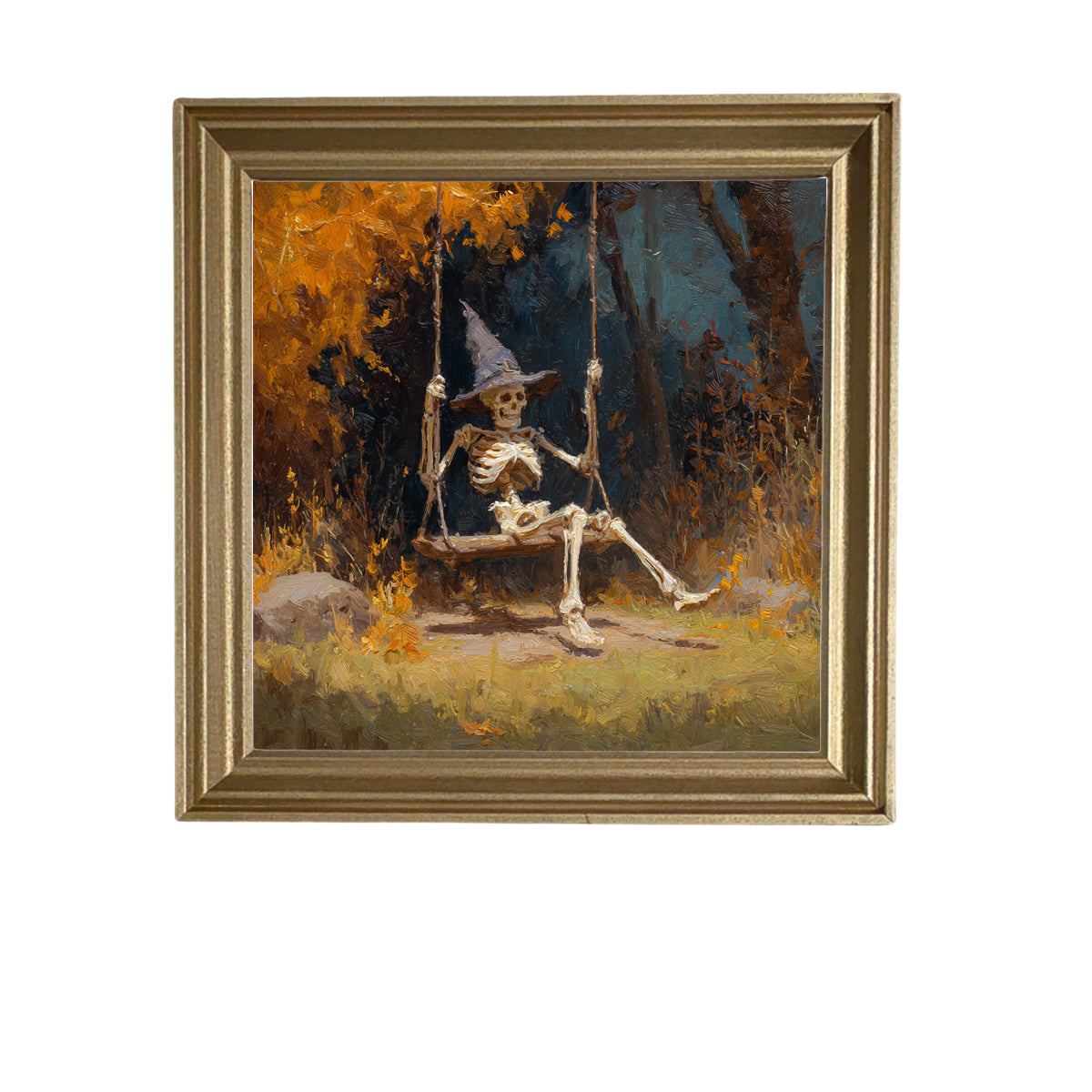 Painterly autumn scene of a skeleton wearing a witch hat on a swing beneath golden trees — product view 5
