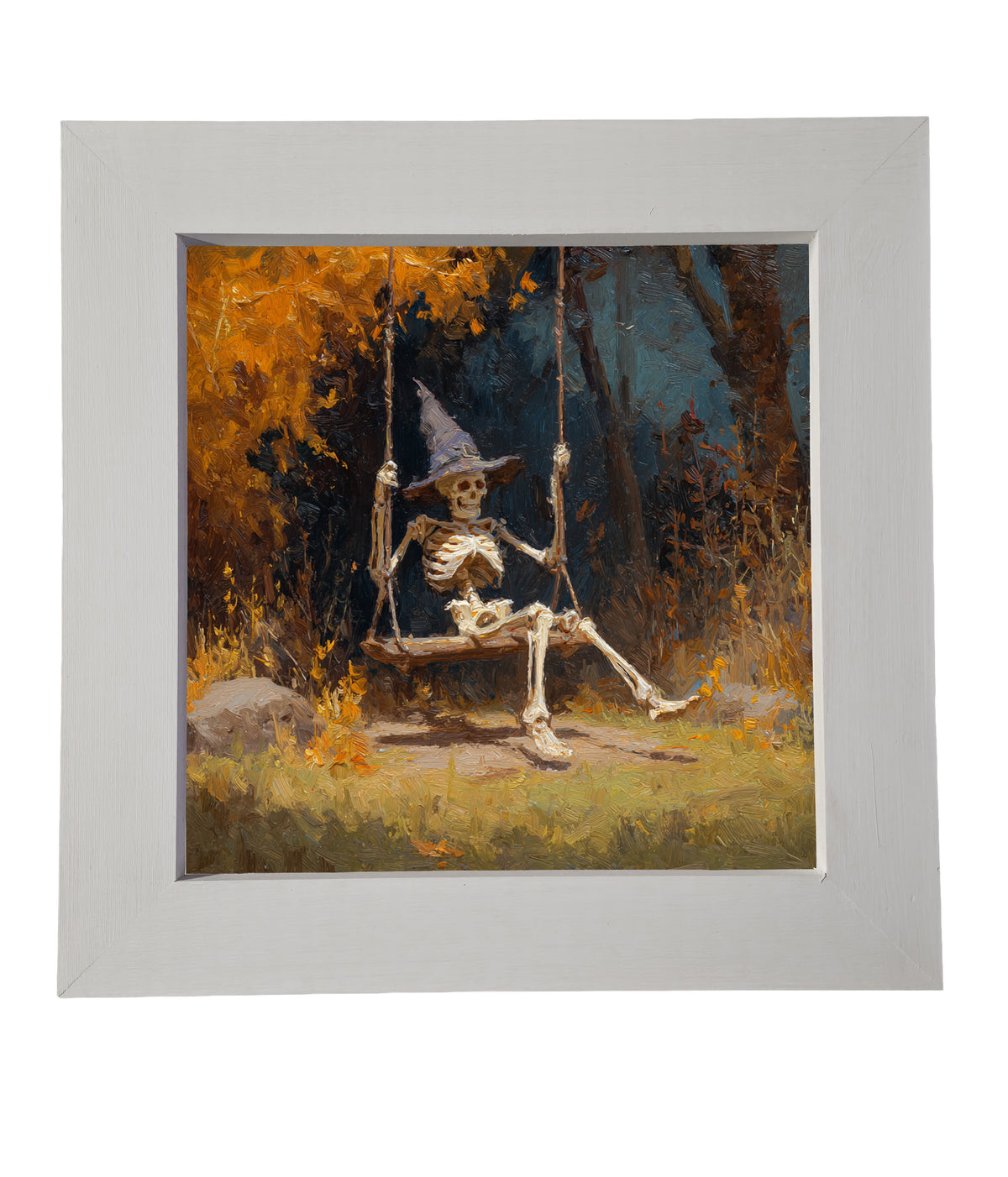 Painterly autumn scene of a skeleton wearing a witch hat on a swing beneath golden trees — product view 6