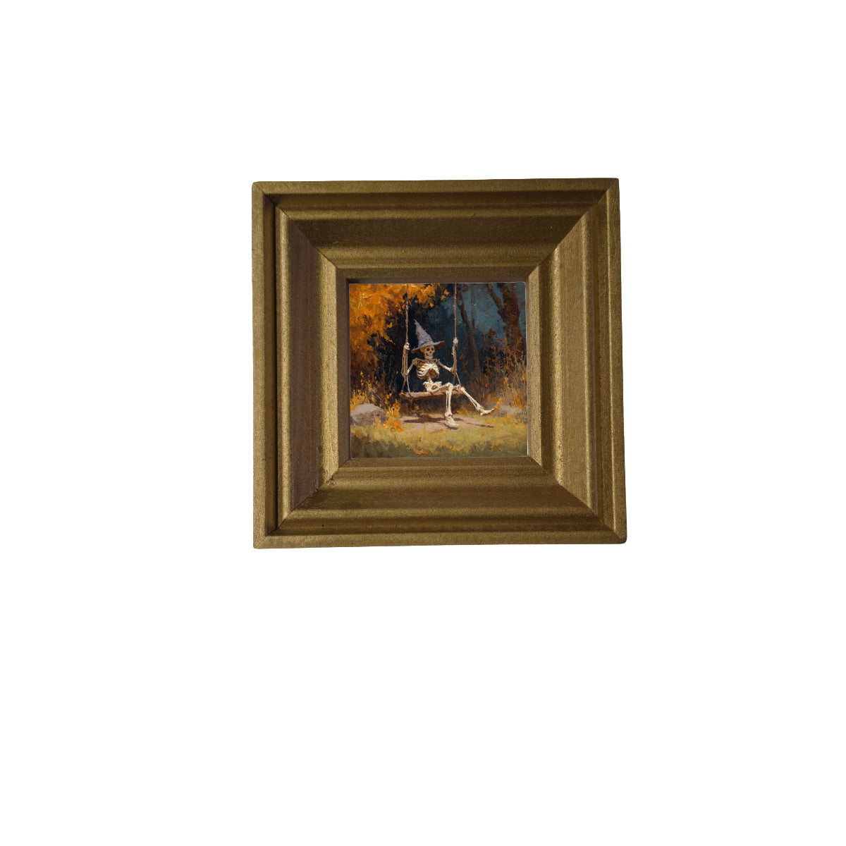 Painterly autumn scene of a skeleton wearing a witch hat on a swing beneath golden trees