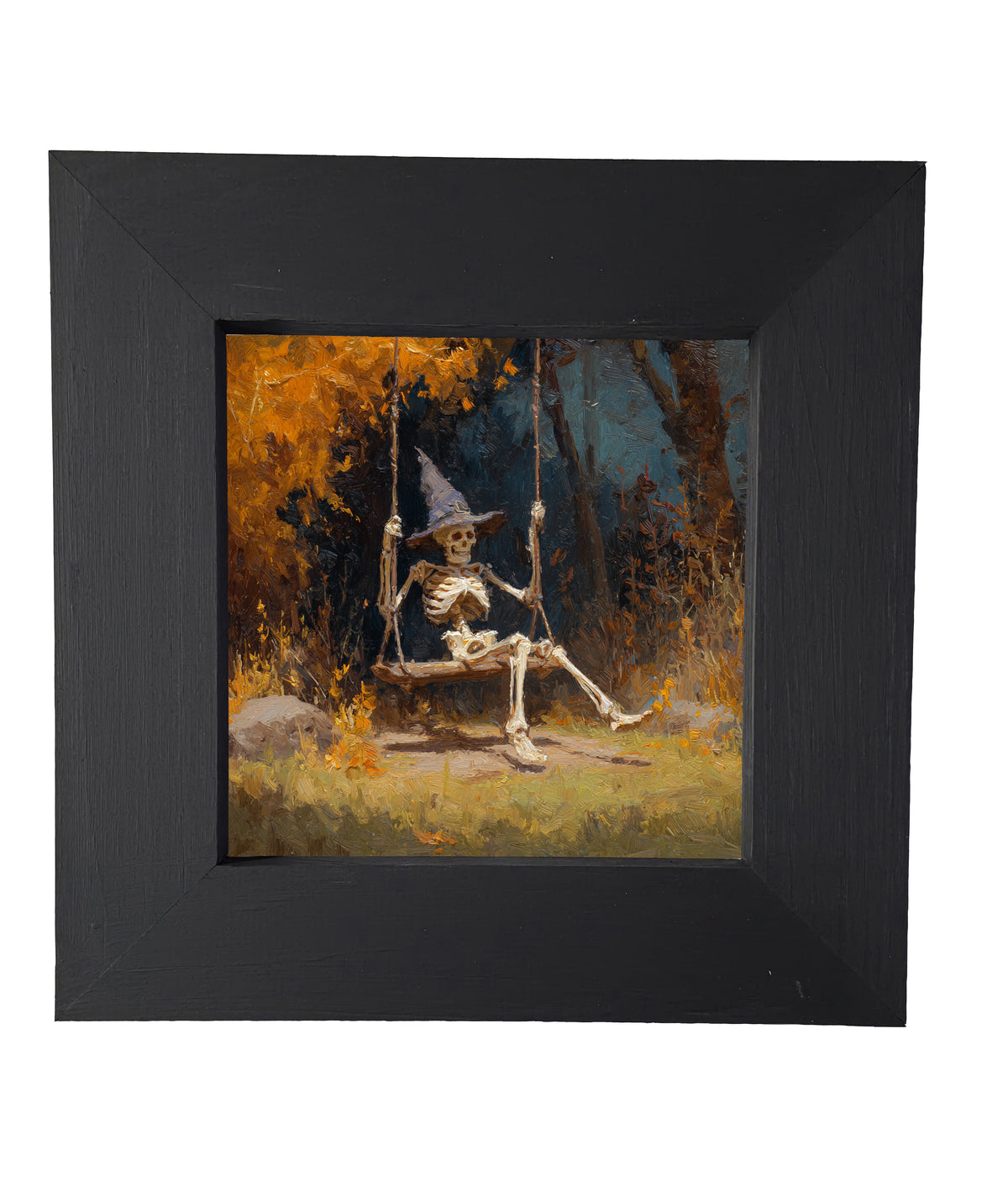 Painterly autumn scene of a skeleton wearing a witch hat on a swing beneath golden trees — product view 4