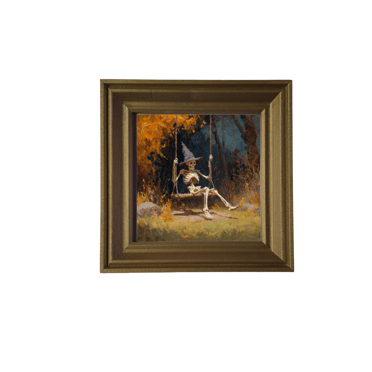 Painterly autumn scene of a skeleton wearing a witch hat on a swing beneath golden trees — product view 2