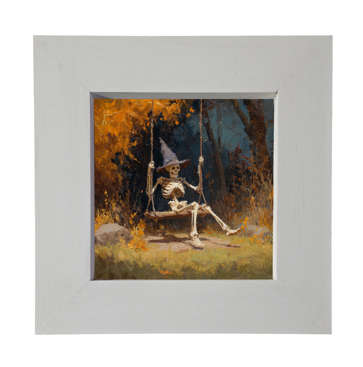Painterly autumn scene of a skeleton wearing a witch hat on a swing beneath golden trees — product view 3