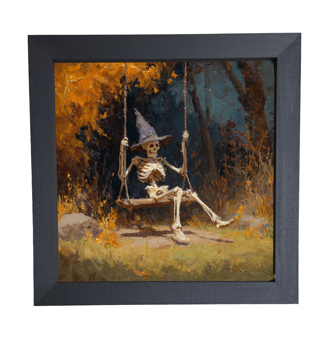 Painterly autumn scene of a skeleton wearing a witch hat on a swing beneath golden trees — product view 10