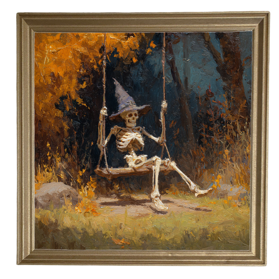 Painterly autumn scene of a skeleton wearing a witch hat on a swing beneath golden trees — product view 8