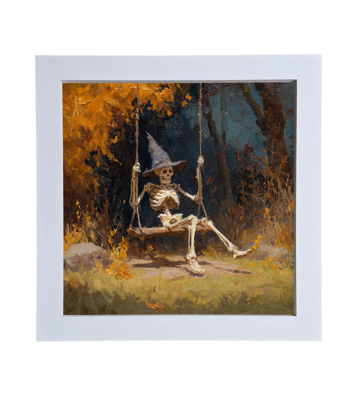 Painterly autumn scene of a skeleton wearing a witch hat on a swing beneath golden trees — product view 9
