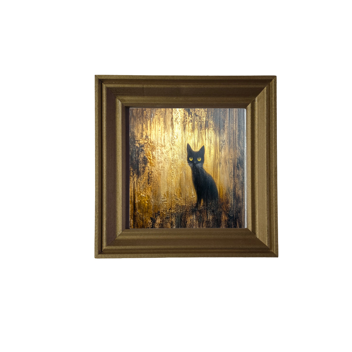 Black cat with bright yellow eyes against a glowing golden painterly background — product view 2
