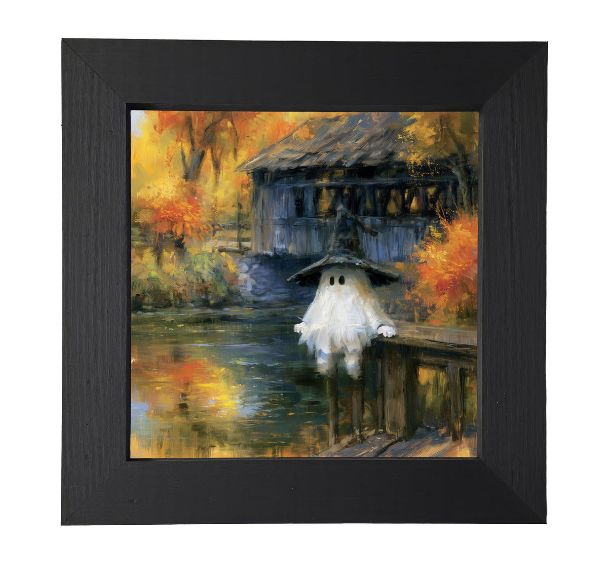 A ghost in a witch hat stands by a covered bridge and pond, surrounded by colorful autumn trees. — product view 7