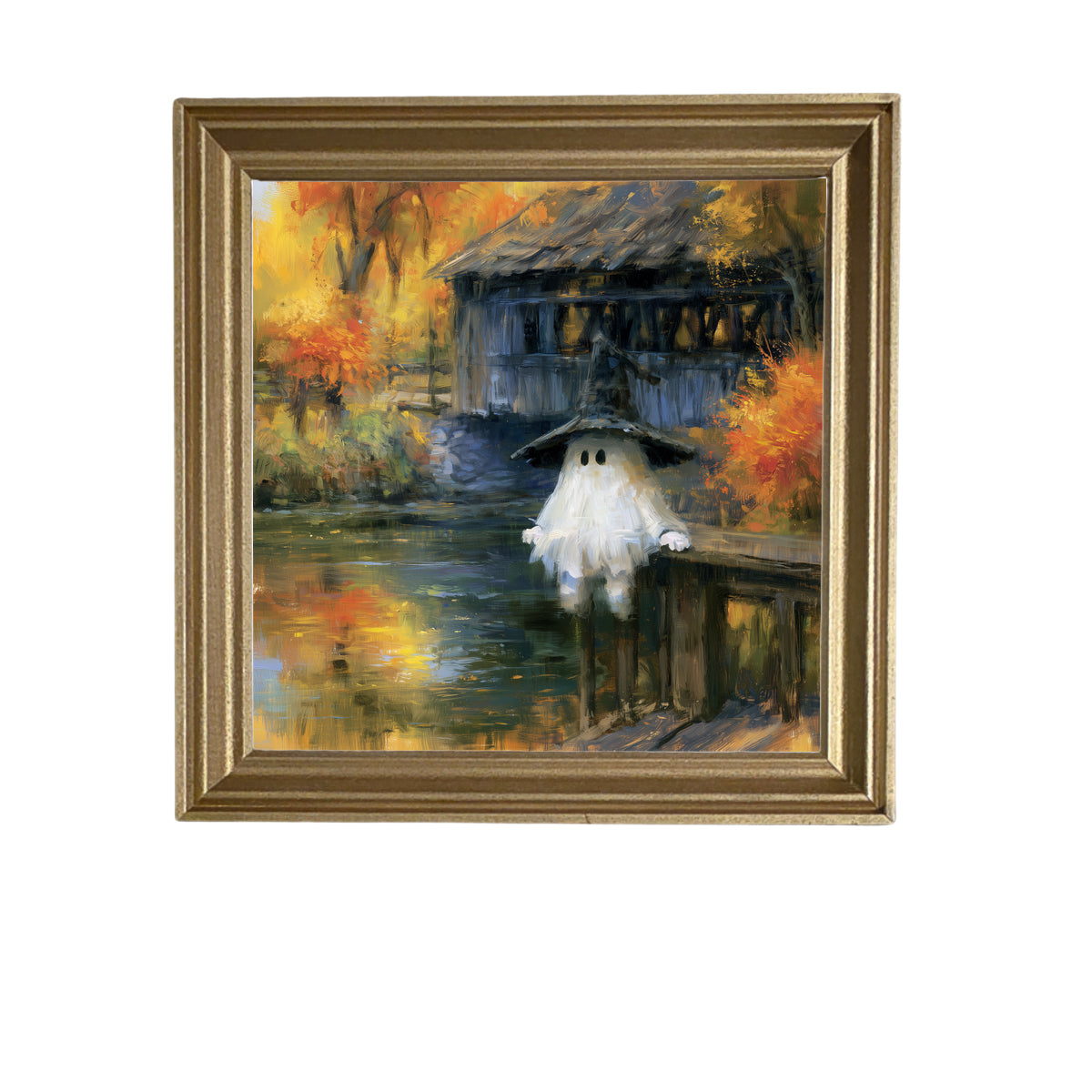 A ghost in a witch hat stands by a covered bridge and pond, surrounded by colorful autumn trees. — product view 5