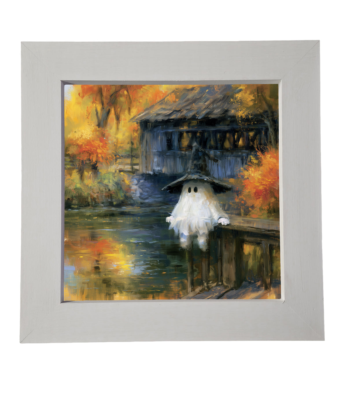 A ghost in a witch hat stands by a covered bridge and pond, surrounded by colorful autumn trees. — product view 6