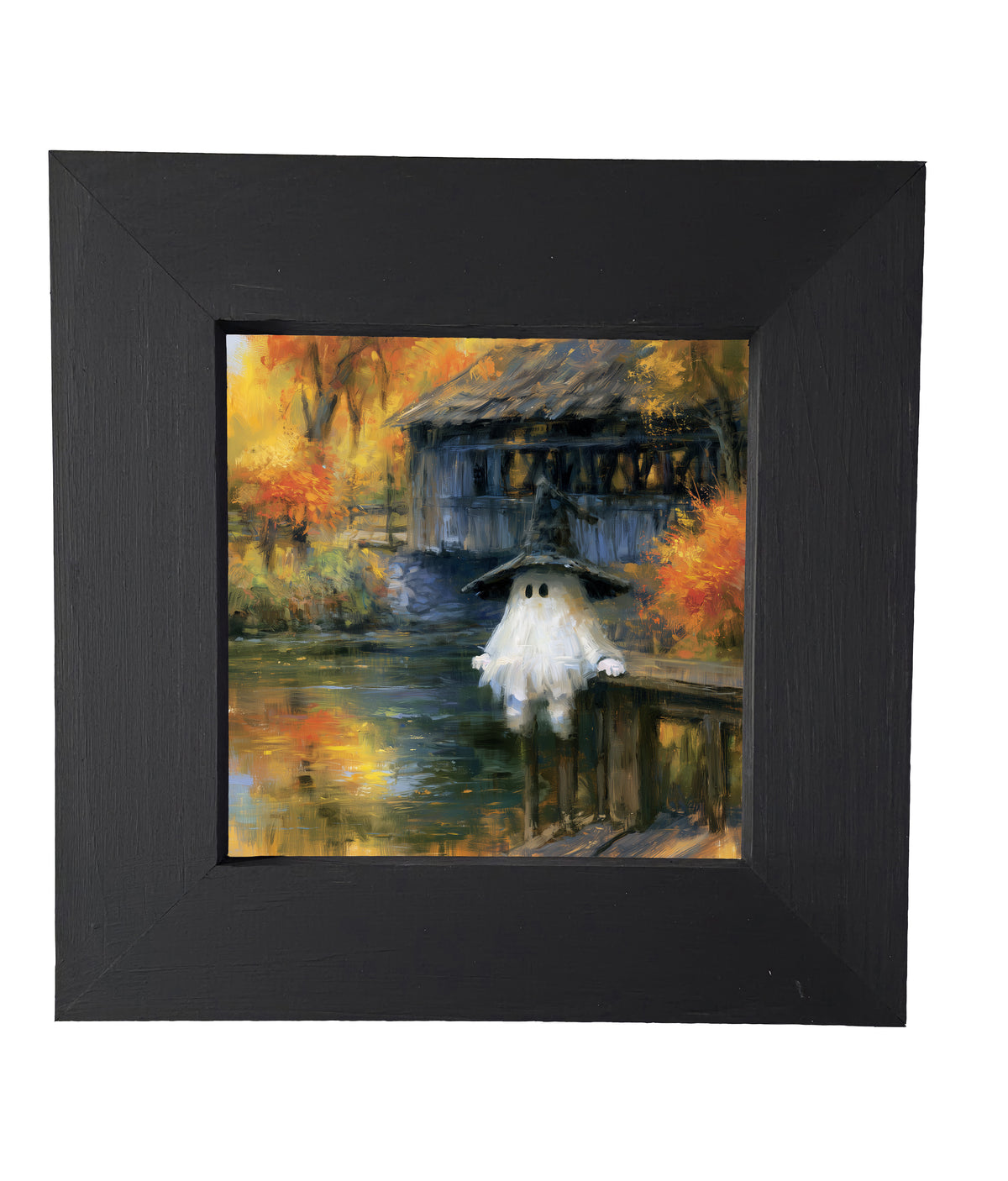 A ghost in a witch hat stands by a covered bridge and pond, surrounded by colorful autumn trees. — product view 4