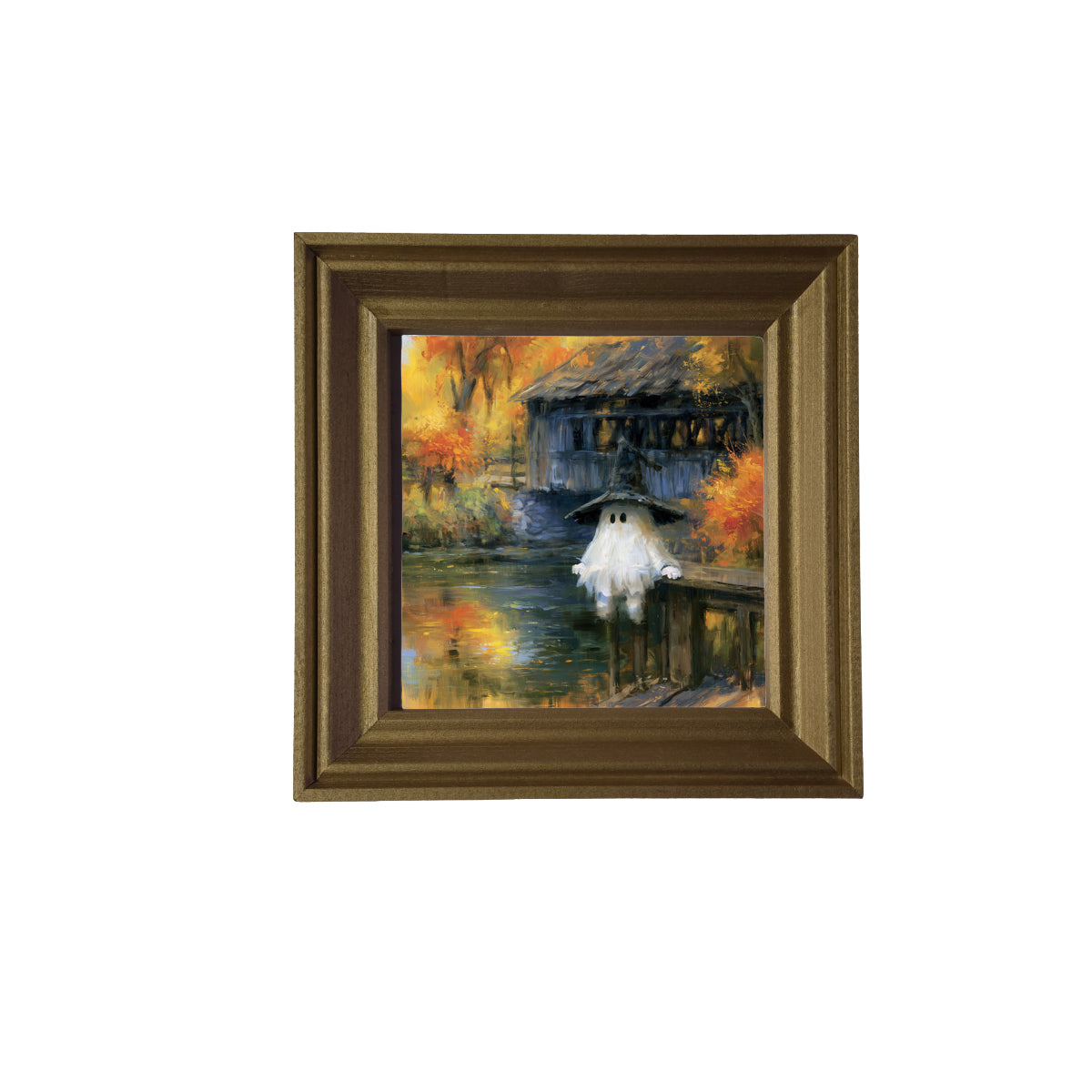 A ghost in a witch hat stands by a covered bridge and pond, surrounded by colorful autumn trees. — product view 2