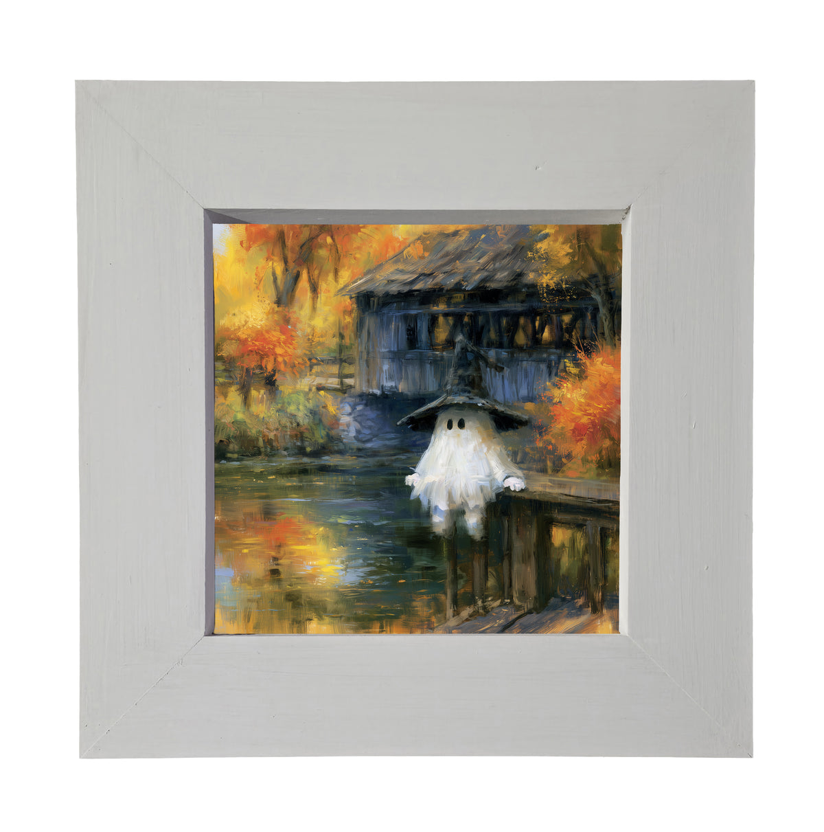 A ghost in a witch hat stands by a covered bridge and pond, surrounded by colorful autumn trees. — product view 3
