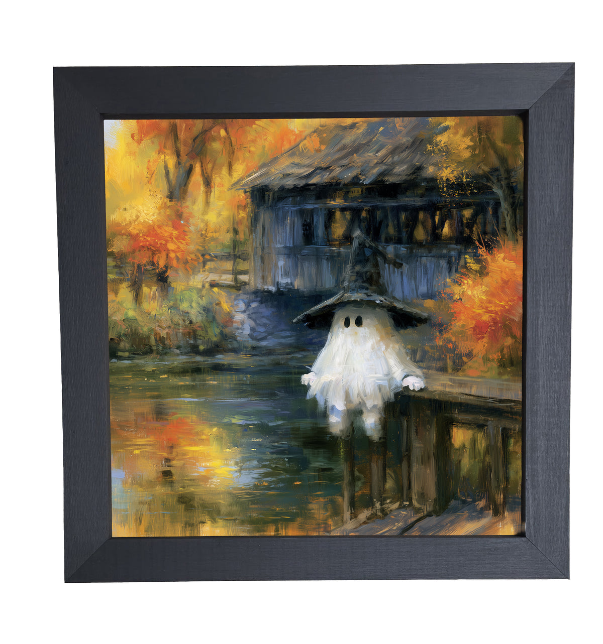 A ghost in a witch hat stands by a covered bridge and pond, surrounded by colorful autumn trees. — product view 10