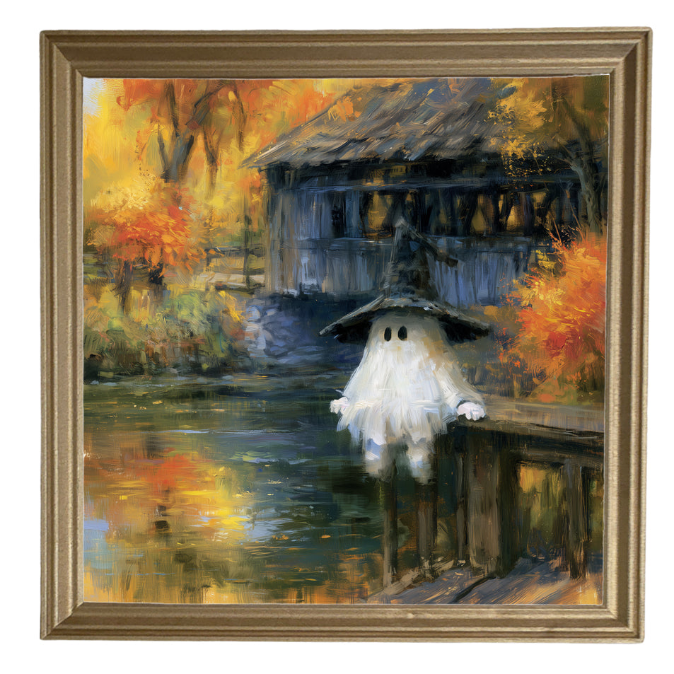 A ghost in a witch hat stands by a covered bridge and pond, surrounded by colorful autumn trees. — product view 8