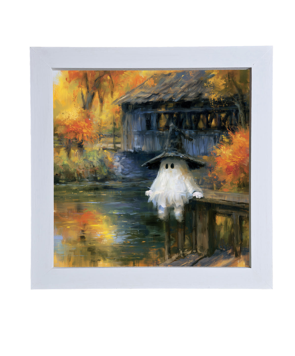 A ghost in a witch hat stands by a covered bridge and pond, surrounded by colorful autumn trees. — product view 9