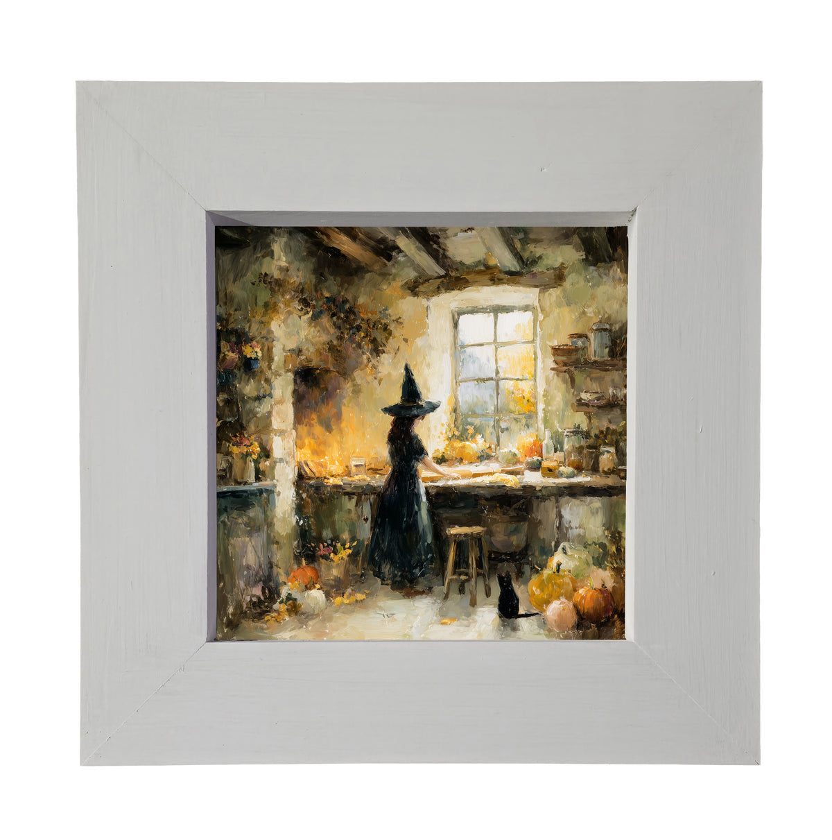 Painterly scene of a witch in a rustic kitchen baking with pumpkins and a black cat, in warm autumn colors. — product view 3