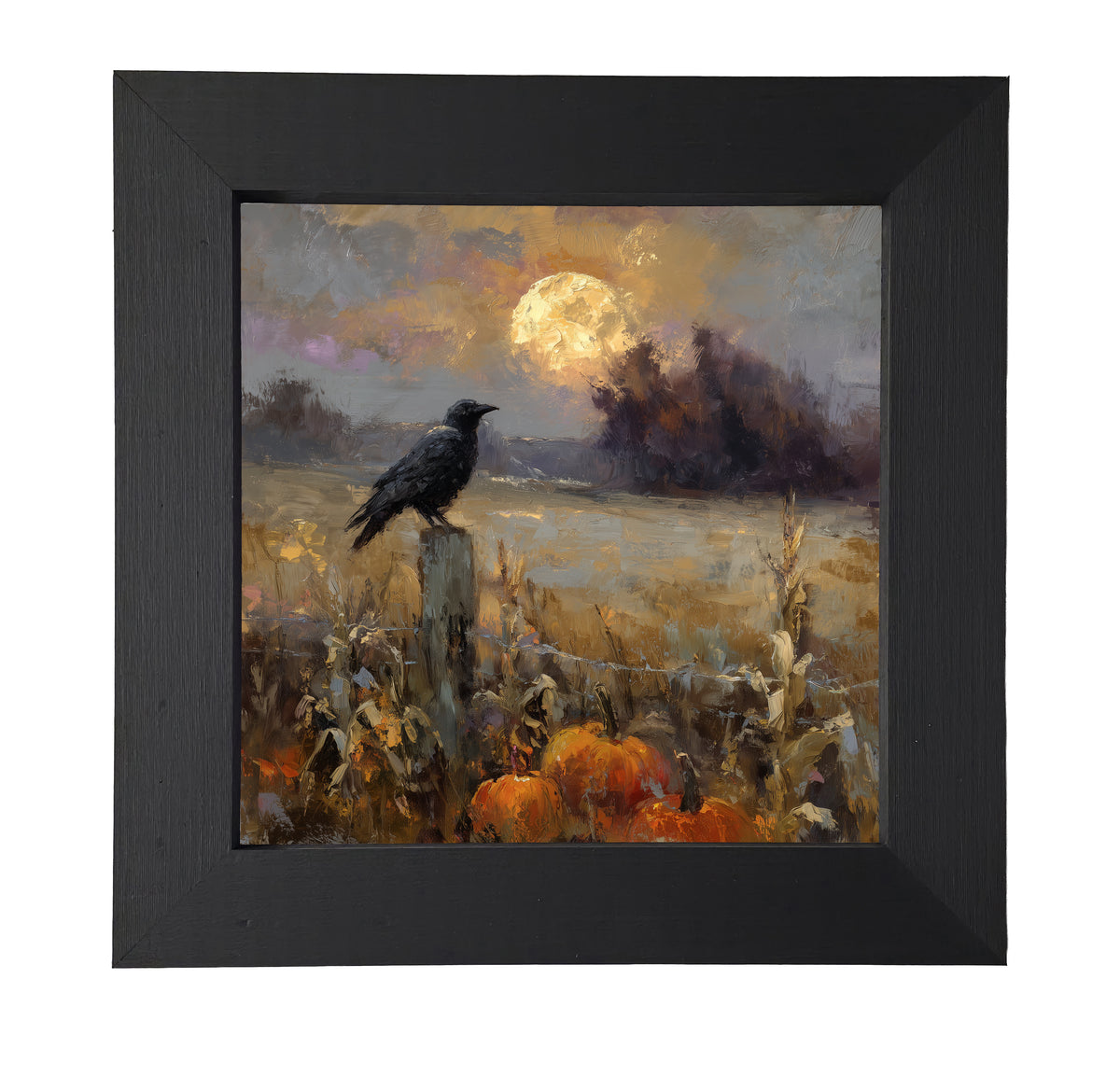 Rustic painting of a raven perched on a fence post with pumpkins and corn stalks under a full moon at dusk. — product view 7